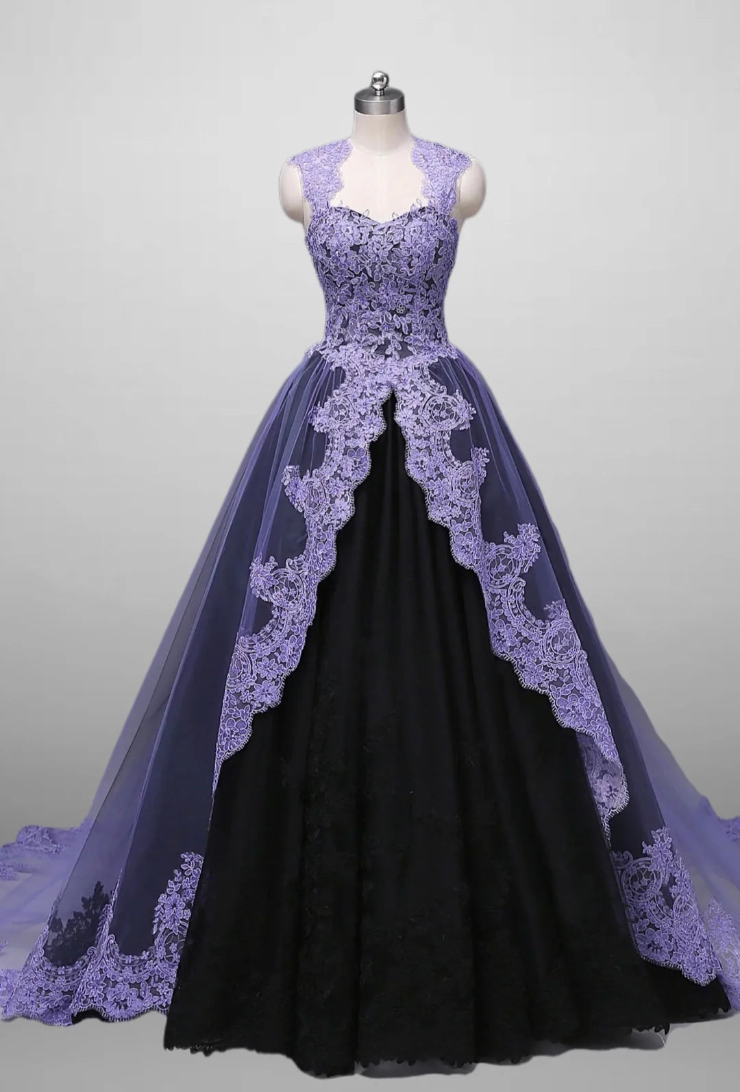 Gorgeous Ball Gown Strap Purple Lace Black Tulle Long Sweep Prom Dress Evening Dress DP1676