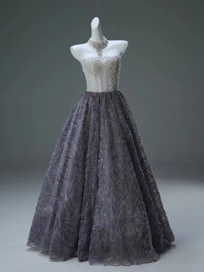 Luxurious A Line Strapless Sequins Beads Tulle Prom Dress Evening Dress DP1381