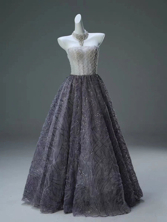 Luxurious A Line Strapless Sequins Beads Tulle Prom Dress Evening Dress DP1381
