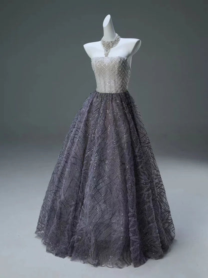 Luxurious A Line Strapless Sequins Beads Tulle Prom Dress Evening Dress DP1381