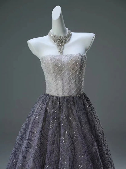 Luxurious A Line Strapless Sequins Beads Tulle Prom Dress Evening Dress DP1381
