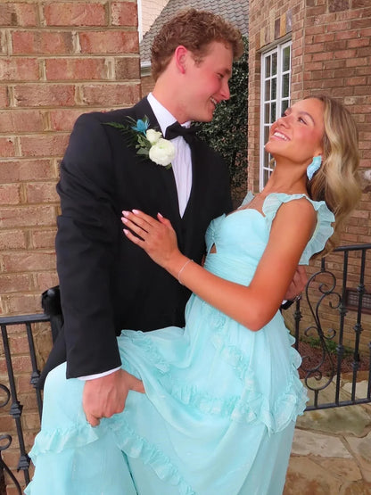 A Line Straps Sky Blue Chiffon Ruffles Long Prom Dress DP1037
