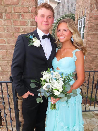 A Line Straps Sky Blue Chiffon Ruffles Long Prom Dress DP1037