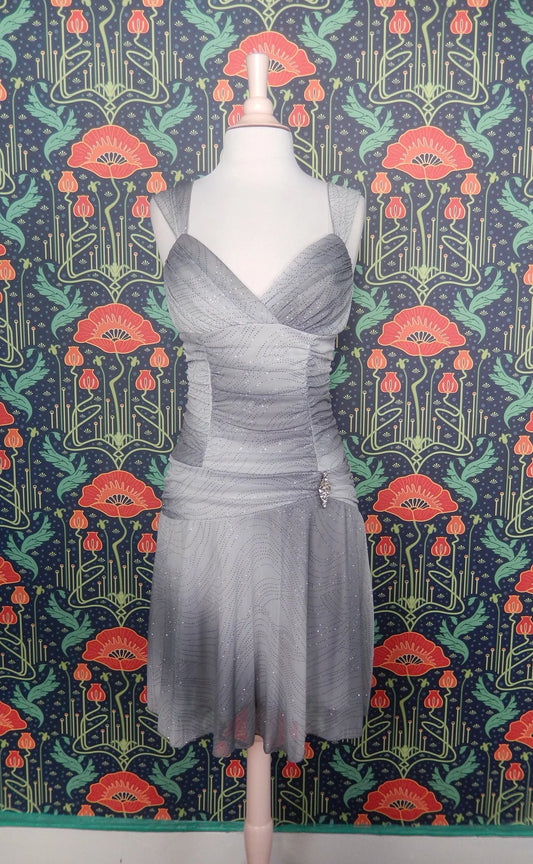 Vintage Y2K Gray Silver Glitter Ombre Ruched Party Dress Evening Dress DP1416