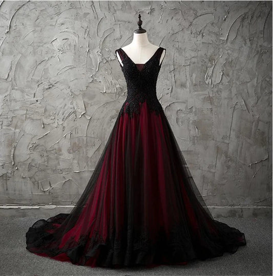 A Line V-neck Appliques Beading Tulle Prom Dress Evening Dress DP1013
