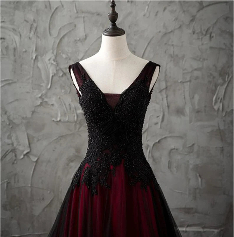 A Line V-neck Appliques Beading Tulle Prom Dress Evening Dress DP1013