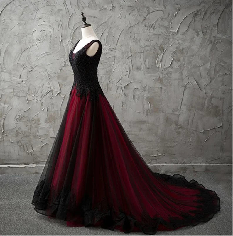 A Line V-neck Appliques Beading Tulle Prom Dress Evening Dress DP1013