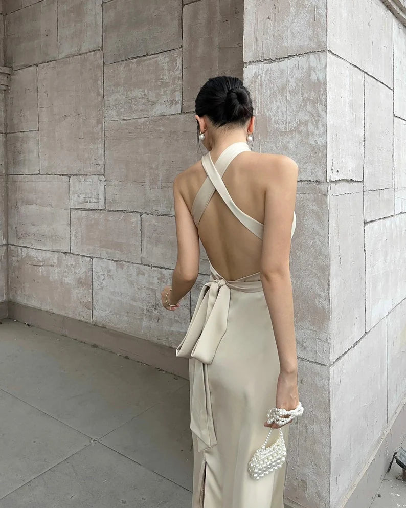 Champagne A Line Halter Neck Backless Satin Prom Dress Evening Dress DP1008