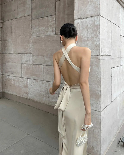 Champagne A Line Halter Neck Backless Satin Prom Dress Evening Dress DP1008