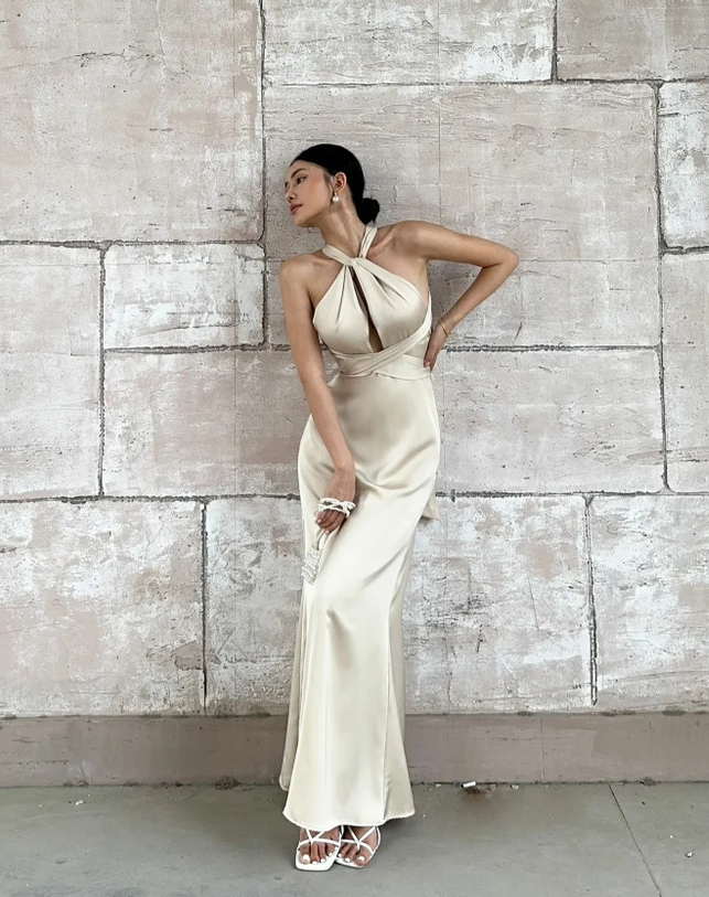 Champagne A Line Halter Neck Backless Satin Prom Dress Evening Dress DP1008