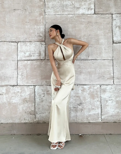Champagne A Line Halter Neck Backless Satin Prom Dress Evening Dress DP1008
