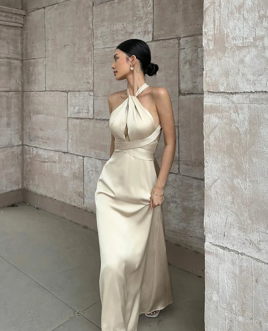 Champagne A Line Halter Neck Backless Satin Prom Dress Evening Dress DP1008