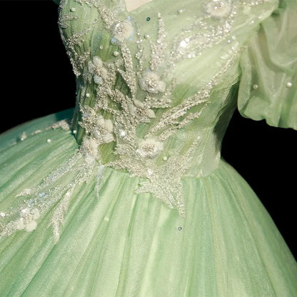 Green Ball Gown Puff Sleeve Sequins Tull Long Prom Dress DP1009