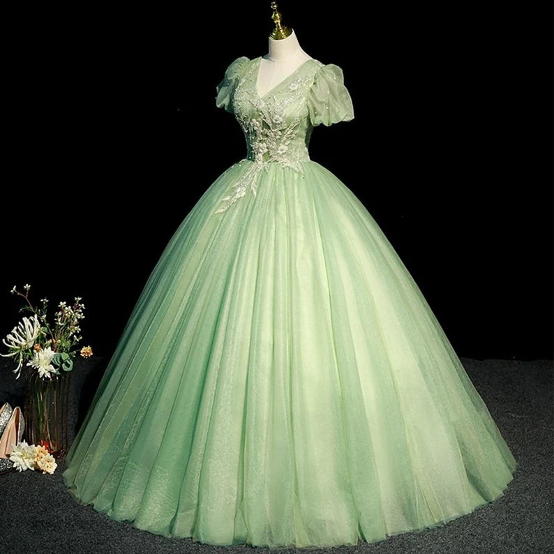 Green Ball Gown Puff Sleeve Sequins Tull Long Prom Dress DP1009