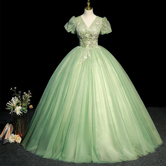 Green Ball Gown Puff Sleeve Sequins Tull Long Prom Dress DP1009