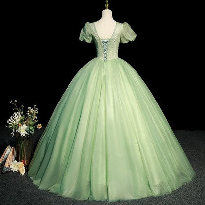 Green Ball Gown Puff Sleeve Sequins Tull Long Prom Dress DP1009