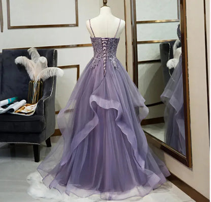 A Line Spaghetti Straps Appliques Ruffle Tulle Prom Dress DP1010