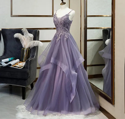 A Line Spaghetti Straps Appliques Ruffle Tulle Prom Dress DP1010