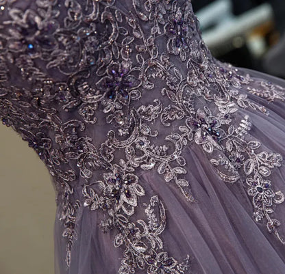A Line Spaghetti Straps Appliques Ruffle Tulle Prom Dress DP1010