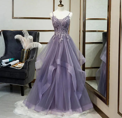 A Line Spaghetti Straps Appliques Ruffle Tulle Prom Dress DP1010