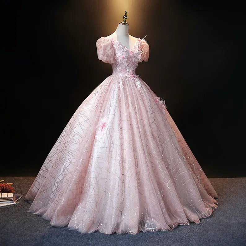 Pink Ball Gown Puff Sleeve Appliques Sequins Tulle Prom Dress DP1014