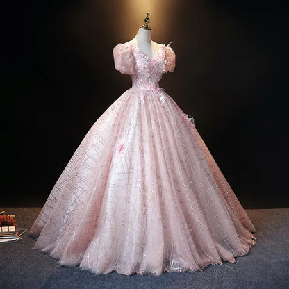 Pink Ball Gown Puff Sleeve Appliques Sequins Tulle Prom Dress DP1014