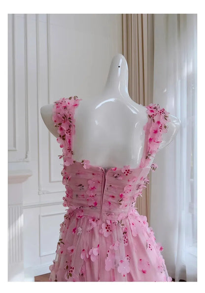 Pink Spaghetti Strap Floral Appliques Tulle Prom Dress Evening Dress DP942