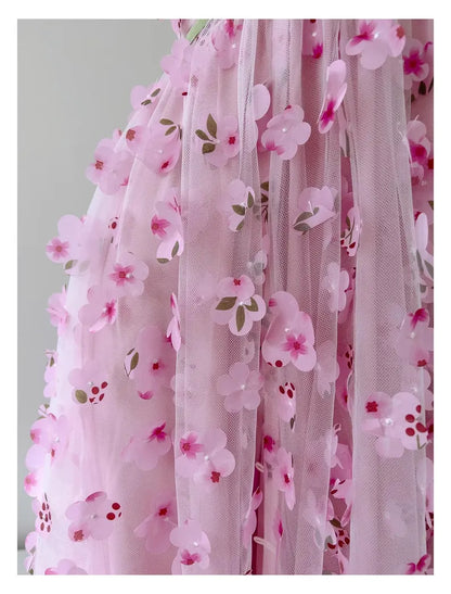 Pink Spaghetti Strap Floral Appliques Tulle Prom Dress Evening Dress DP942