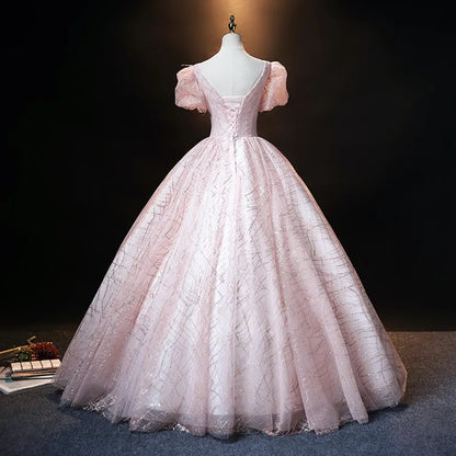 Pink Ball Gown Puff Sleeve Appliques Sequins Tulle Prom Dress DP1014