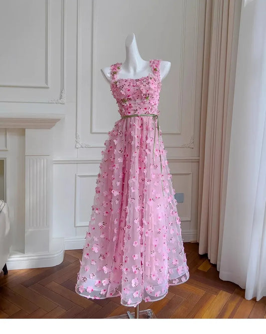 Pink Spaghetti Strap Floral Appliques Tulle Prom Dress Evening Dress DP942