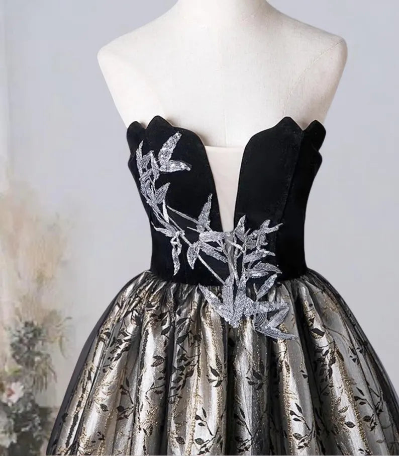 Black Strapless Bamboo Embroidery Sequins Tulle Prom Dress Evening Dress DP953