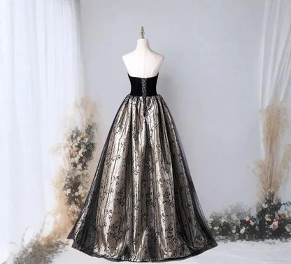 Black Strapless Bamboo Embroidery Sequins Tulle Prom Dress Evening Dress DP953