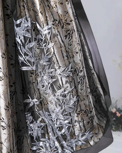 Black Strapless Bamboo Embroidery Sequins Tulle Prom Dress Evening Dress DP953