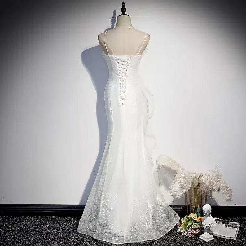 Mermaid Spaghetti Strap Ruffle Sequin Tulle Long Prom Dress Evening Dress DP1463