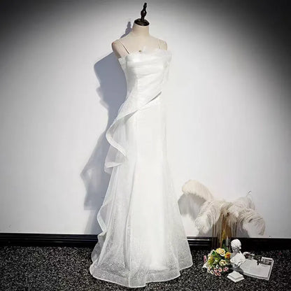 Mermaid Spaghetti Strap Ruffle Sequin Tulle Long Prom Dress Evening Dress DP1463
