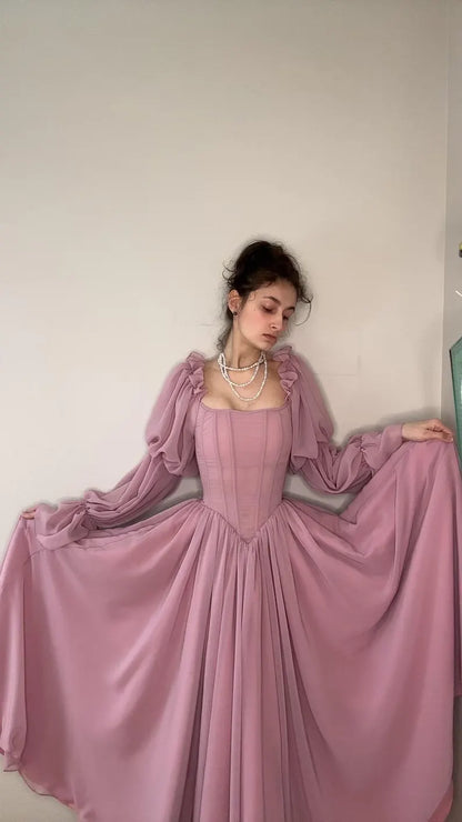 Purple A Line Long Sleeve Corset Chiffon Long Party Dress Outfits Dress DP2630