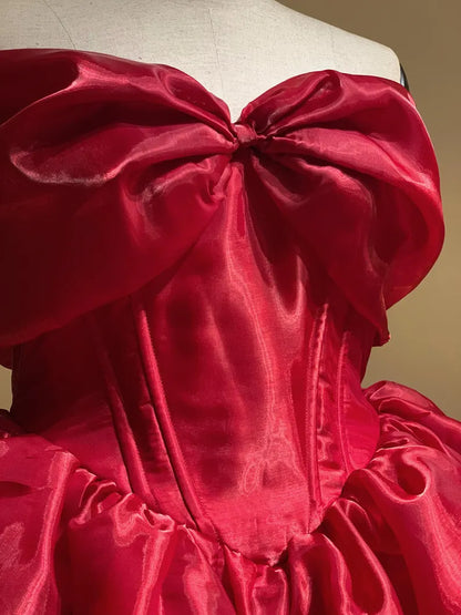A Line Bow Neck Ruffles Red Organza Homecoming Dress Evening Dress DP1417