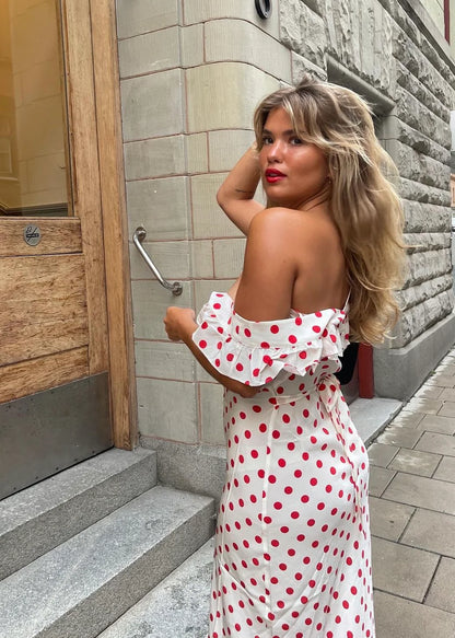 Red Polka Dots Off the Shoulder Satin Long Prom Dress Evening Dress DP1240