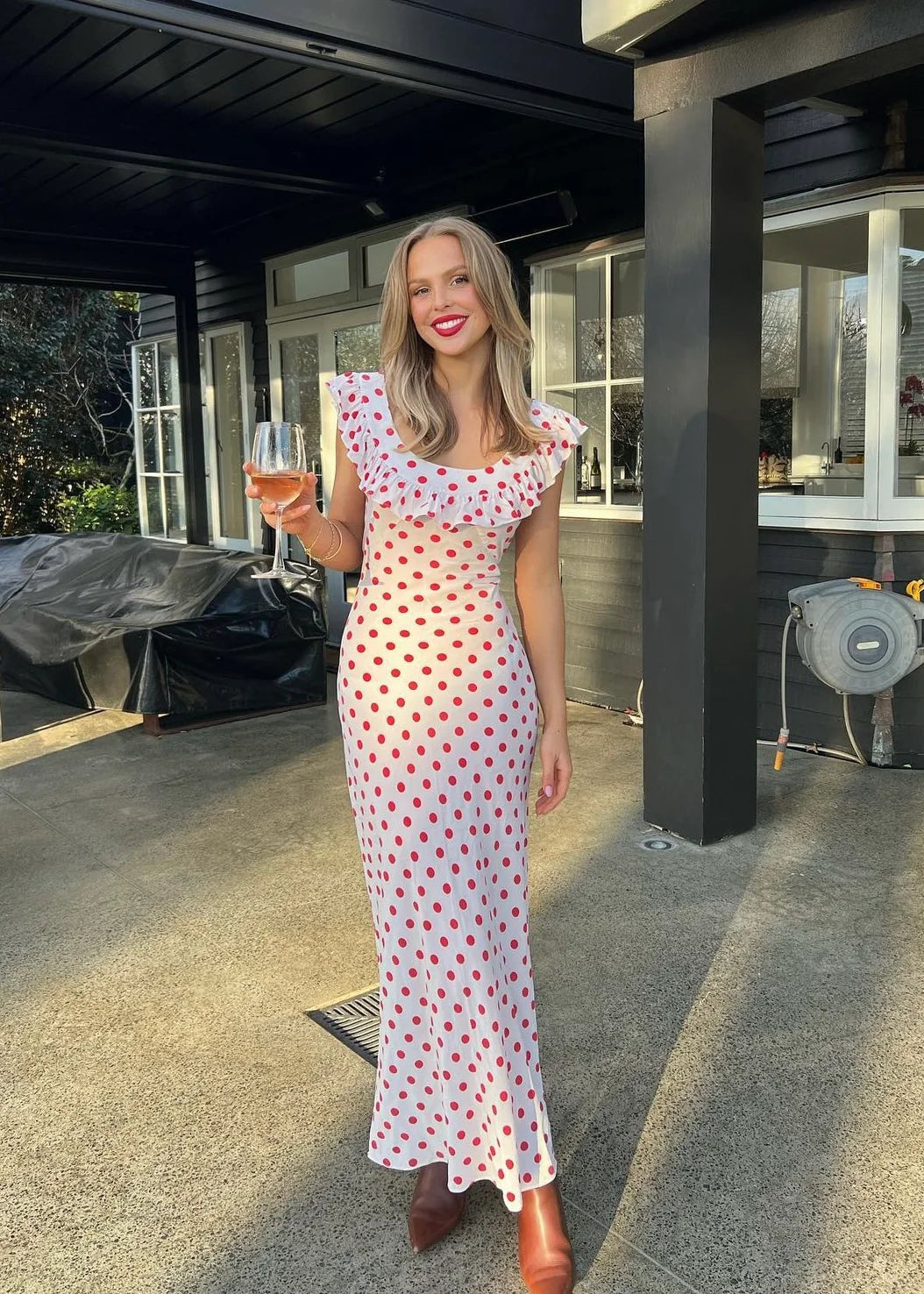 Red Polka Dots Off the Shoulder Satin Long Prom Dress Evening Dress DP1240