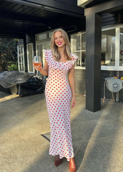 Red Polka Dots Off the Shoulder Satin Long Prom Dress Evening Dress DP1240