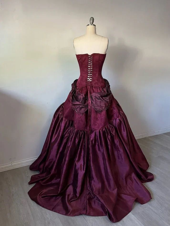 Vintage Burgundy Ball Gown Straps Beaded Sain Long Prom Dress DP5077