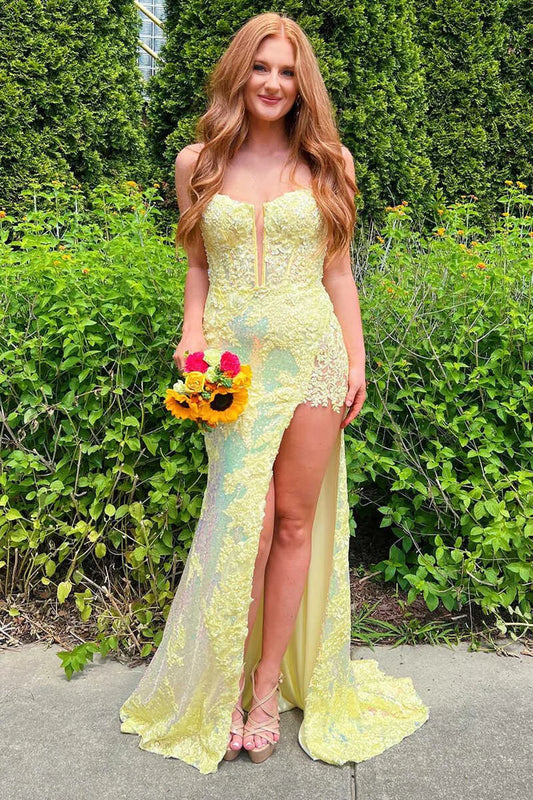 Yellow Sheath V-neck Appliques Sequins Prom Dress With Slit DP1005