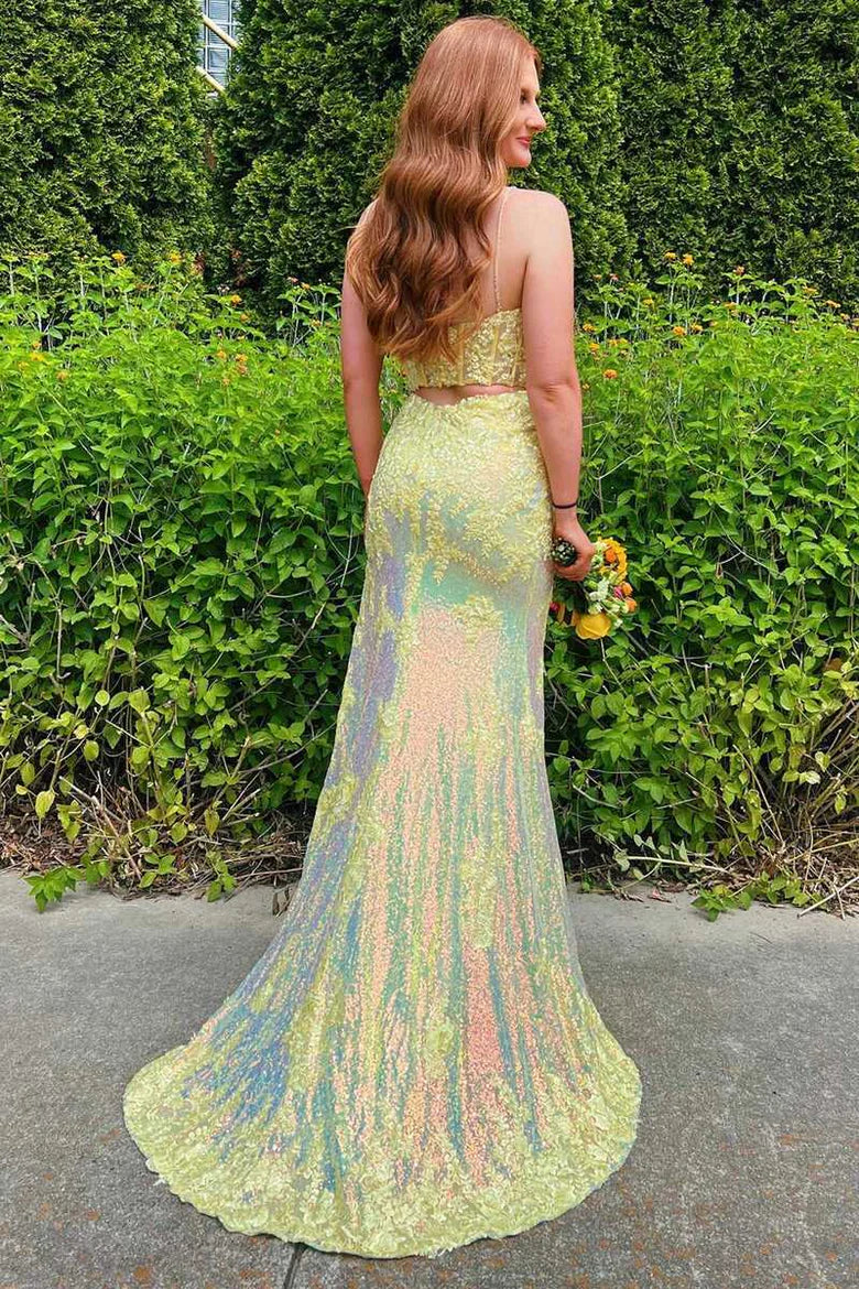 Yellow Sheath V-neck Appliques Sequins Prom Dress With Slit DP1005