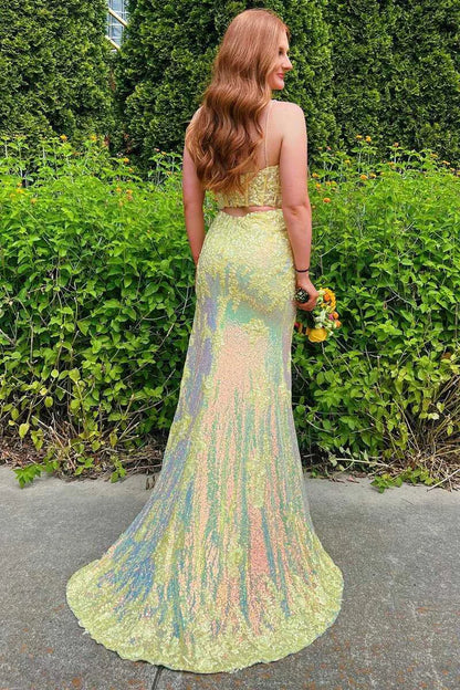 Yellow Sheath V-neck Appliques Sequins Prom Dress With Slit DP1005