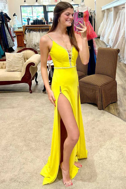 Sexy Yellow V Neck Satin Long Prom Dress Evening Dress with Slit DP1128