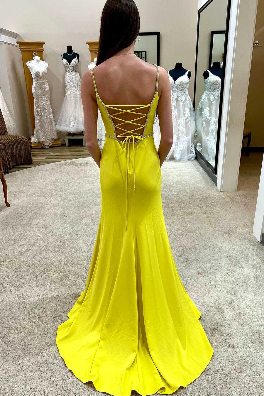 Sexy Yellow V Neck Satin Long Prom Dress Evening Dress with Slit DP1128