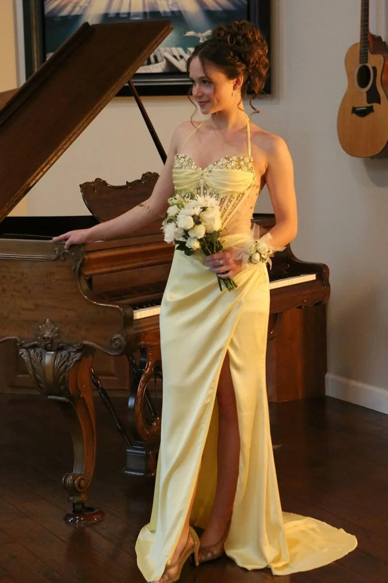 Yellow Mermaid Halter Beaded Corset Satin Evening Dress Prom Dress with Slit DP7641
