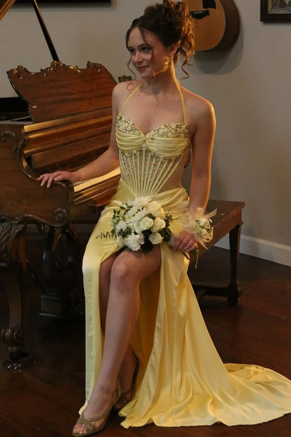 Yellow Mermaid Halter Beaded Corset Satin Evening Dress Prom Dress with Slit DP7641