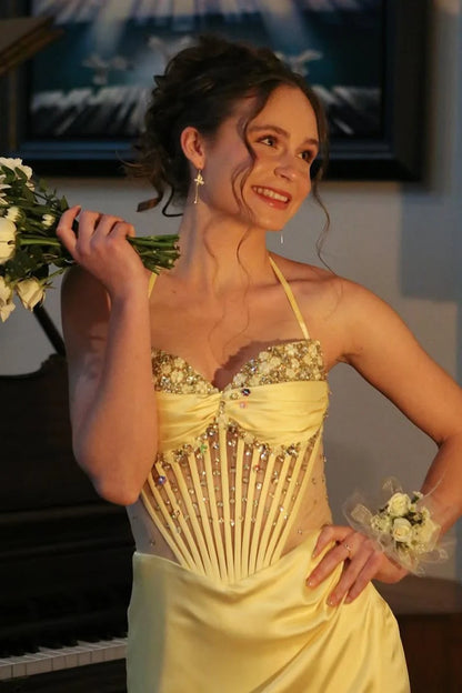Yellow Mermaid Halter Beaded Corset Satin Evening Dress Prom Dress with Slit DP7641