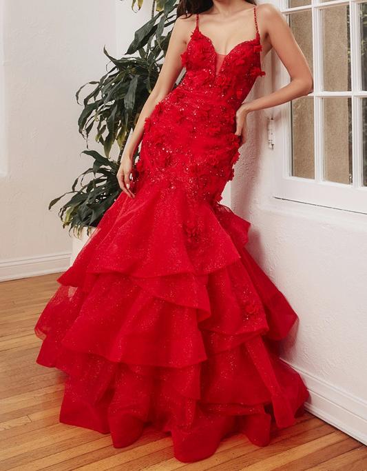 Red Mermaid Spaghetti Strap Appliques Layered Tulle Prom Dress Evening Dress DP1021